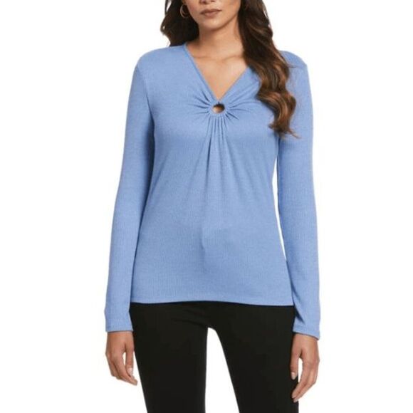 ELLA Rafaella Women's Plus Size O-Ring Ribbed V-neck Long Sleeve Top 1X - Picture 1 of 10